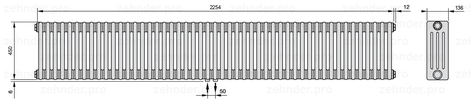 Схема (чертеж) Радиатор Zehnder Charleston 4045/49 №3470 Белый глянцевый RAL 9016